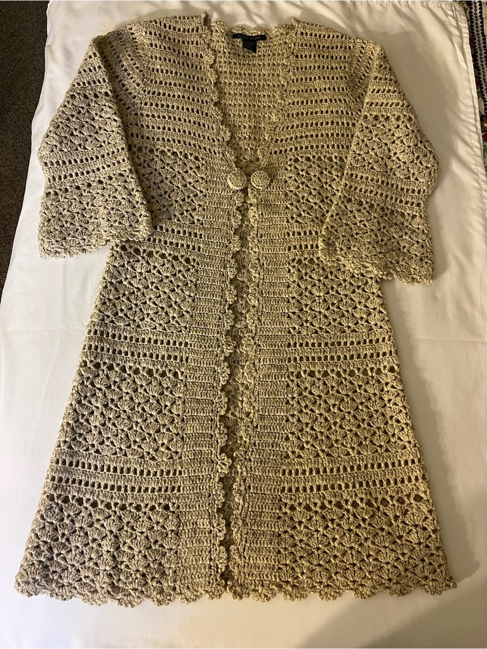 Boston Proper Beige Crochet Knit Long Open Duster